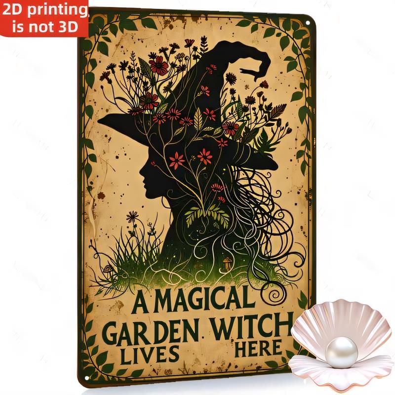 Tin Sign A Magical Garden Witch Lives Here Vintage Botanical Green Floral Cat Silhouette Wall Decor Rustic Metal Poster for Hal