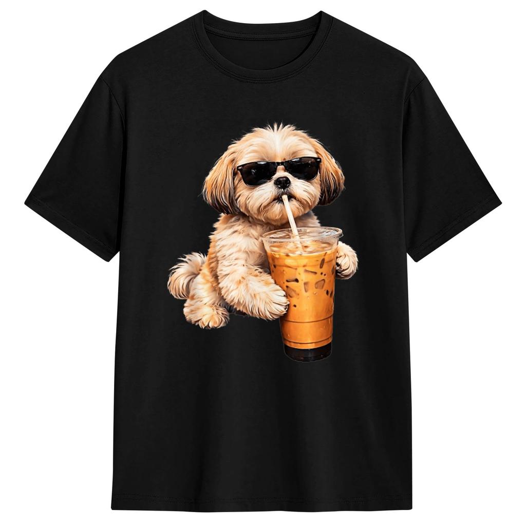 Funny Shih Tzu Drinking Iced Coffee Tshirt Summer Cotton Tshirts For Unisex Design Tshirt Short Sleeve Y2k Casual Clothing