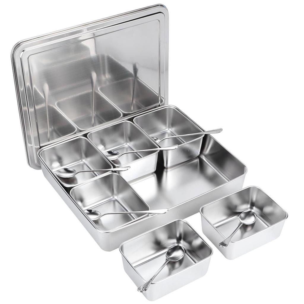 6‑Grid Stainless Steel Seasoning Box Jar Storage Container Set with Spoons Kitchen Utensils