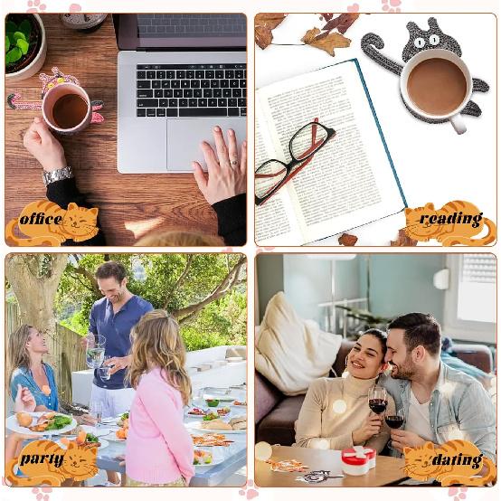 Cute Cat Cup Coasters, Gifts for Cats Lovers, Cat Coaster Woven Creative Knitted Coasters Funny Drink Insulation Coffee and Tea Coaster Table