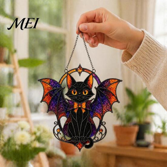 Lightweight Hanging Ornament Halloween Bat Cat Suncatcher, Stained Glass Style Acrylic Sun Catcher, Gothic Festival Atmosphere Display Black for Home
