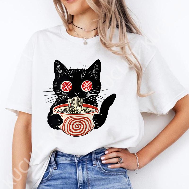 Noodle Cat Женские футболки Смешные Ramen Черная футболка с кошкой Женская одежда Обычные топы с коротким рукавом Женская мода Футболки с мультяшной графикой Женские