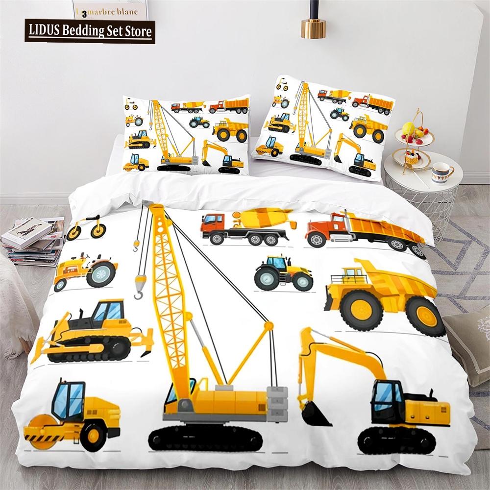 Комплект пододеяльника Digger Мультяшный Грузовик Тяжелой Техники Кран Бетономешалка Экскаватор Трактор Узор Для Ребенка Подростка Полиэстеровый Постельный Комплект