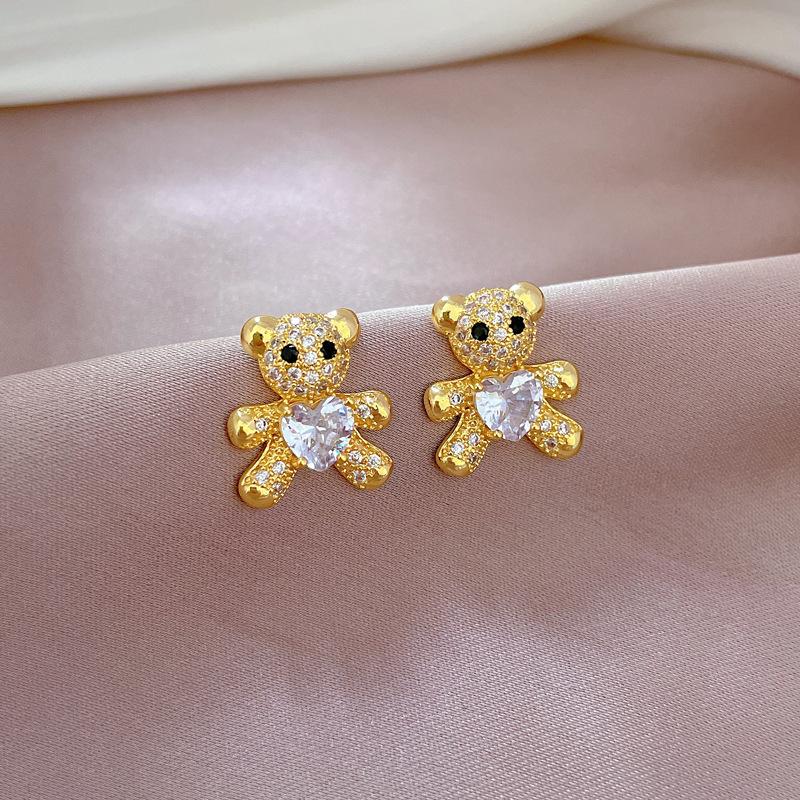 Bear Micro-Inlaid Necklace Earrings Set, Light Luxury Micro-Inlaid Personality Temperament Banquet Earrings, Necklace Combination