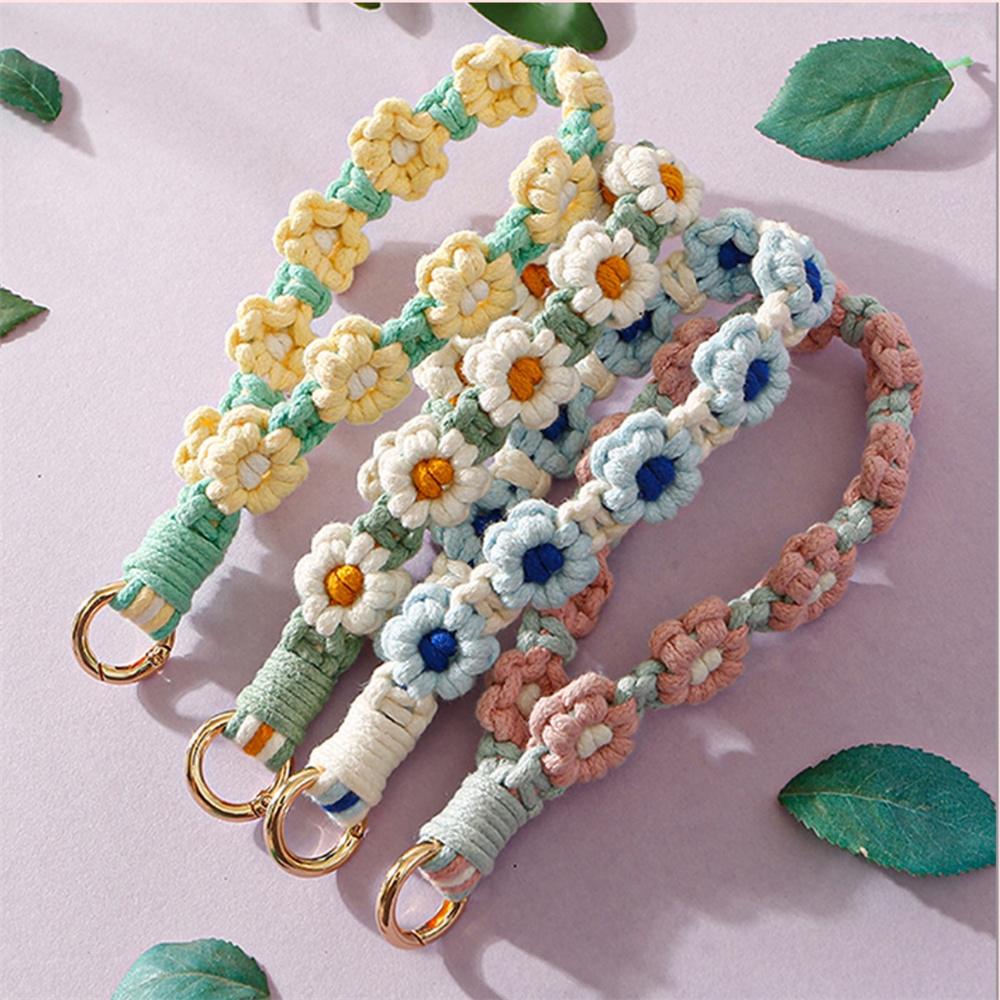 Bohemian Woven Daisy Mobile Phone Lanyard Hand-Woven Flower Keychain Handmade Beach Bag Pendant Creative Gift