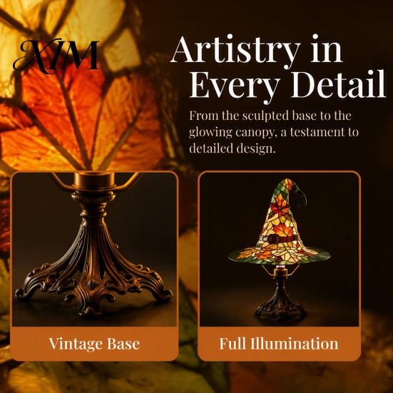 Atmospheric Indoor Lighting Retro Witch Hat Desk Lamp, USB Plug-in Night Light, Stained Glass Style Resin Table Halloween Decoration Lamp for
