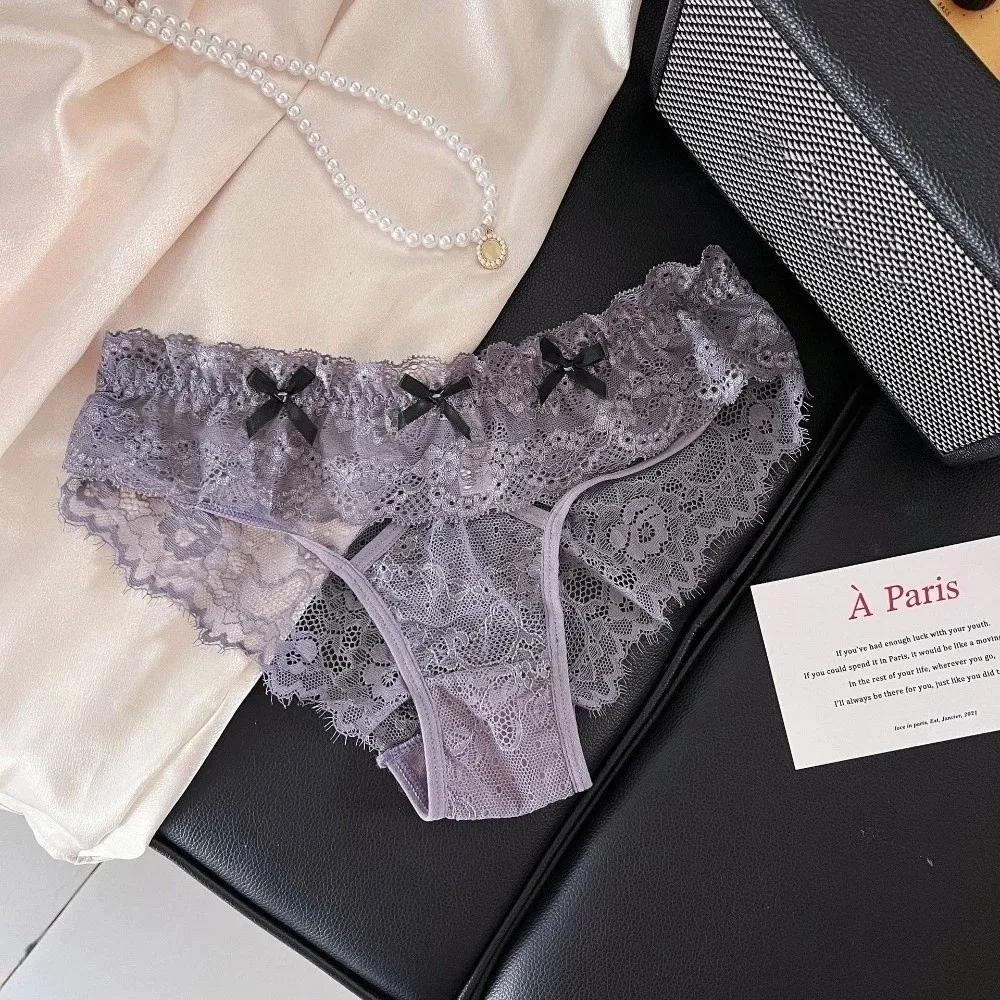 Breathable Japanese Style Bowknot Lace Panties Low Waist Transparent Thong for Women Briefs Flowers Mini Bow Underpants Home