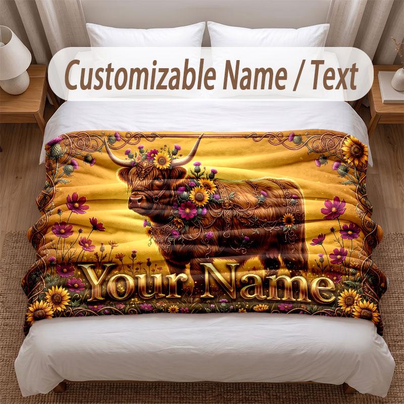Highland Cow Theme Soft Blanket Personalized Custom Name Text Print Warm Blanket Home Sofa Bedroom Decor