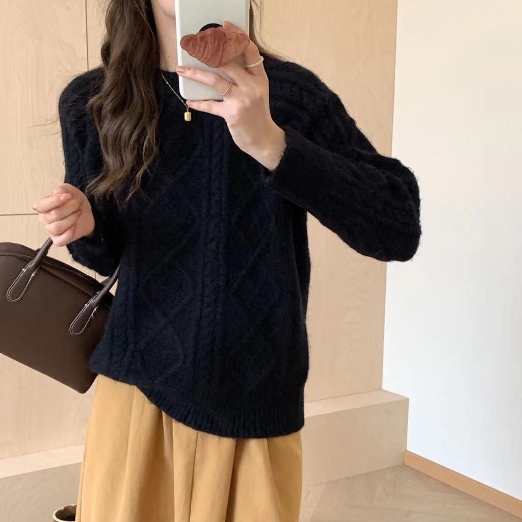 Vintage Twist Thickened Pullover Sweater Women's Autumn and Winter Solid Color Round Neck All-match Loose Knitted Sweater for Outer Wear