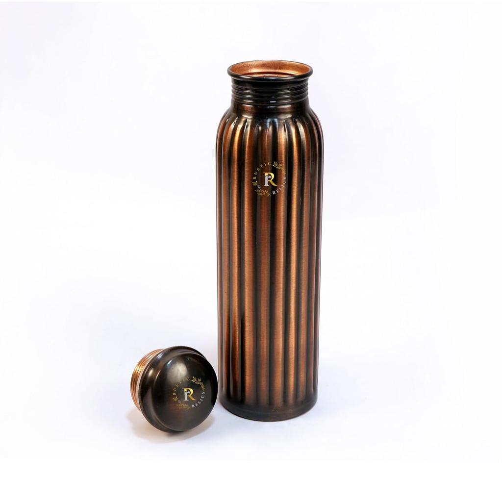 Pure Copper Water Bottle - 1L Hand Made | Antique Rope Design With Leak-Proof Lid | Ayurvedic Copper For Health Benefits |