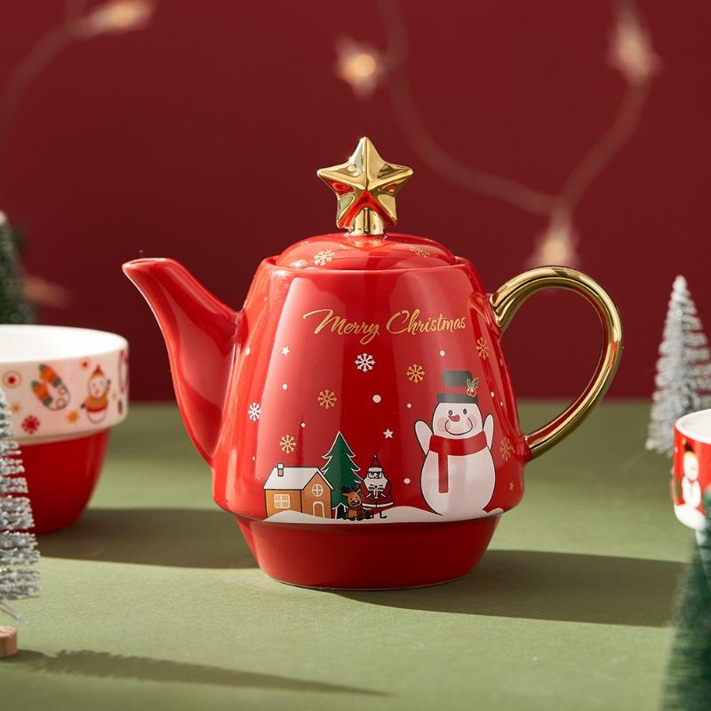 Christmas Ceramic Teapot Teacups Set with Gift Box Santa Claus/Elk Cartoon Teaware Coffee Cup Home Party Decor Christmas Gifts