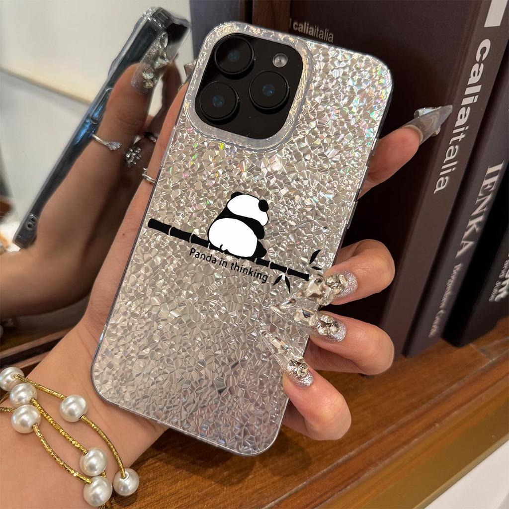 Думающая панда на бамбуковом чехле для iphone 11 14 18 Pro Max XS Max 16 Plus 12 17 Pro 13 15 Air XR Серебристое потрескавшееся фоновое покрытие с блестками