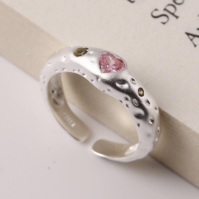 ANENJERY Кольца на указательный палец с розовым цирконием и серебряным цветом, неправильная текстура, для женщин, милый ретро-дизайн, вечерние ювелирные изделия, подарок