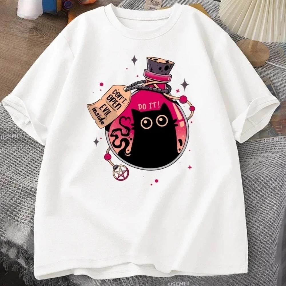 Evil Black Cat in The Bottle T-shirt Summer Fashion T-shirt Short Sleeve Female Cat Pattern Clothing Street Fashion Clothing