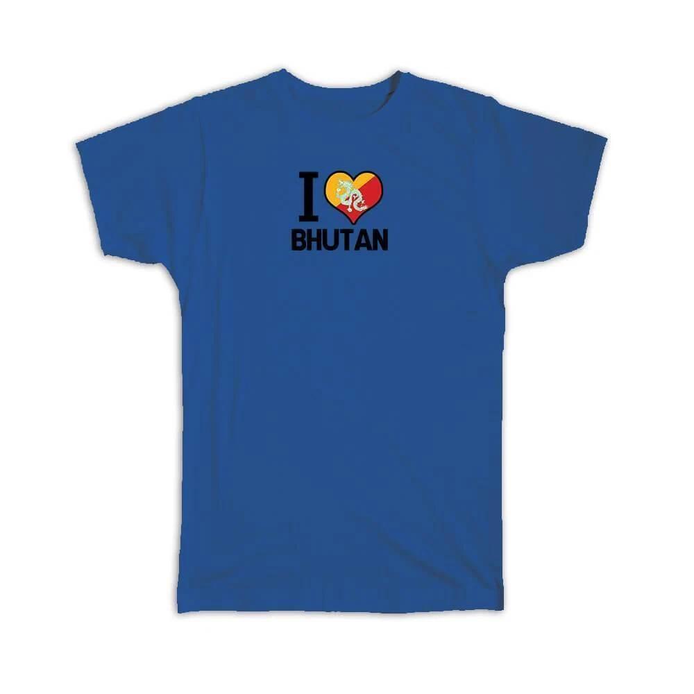 Gift T-Shirt : I Love Bhutan Flag Heart Country Crest Bhutanese Expat