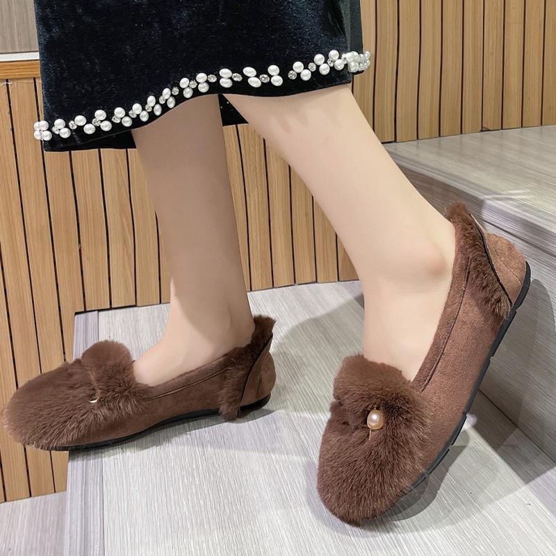 Мех Женские Хлопковые Лоферы Обувь Бисер Замша Короткий Плюш Балетки Повседневная Обувь 2025 Тренд Дизайнерская Для Ходьбы Теплые Зимние Ботильоны Женские
