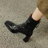 Retro Hand-scratched Square Head Thick Heel Fashion Short Boots Soft Leather High Heel Martin Boots Versatile