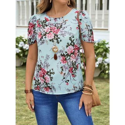 Футболка с цветочным принтом женская летняя уличная мода с круглым вырезом и коротким рукавом топы большого размера свободная женская одежда повседневная универсальная