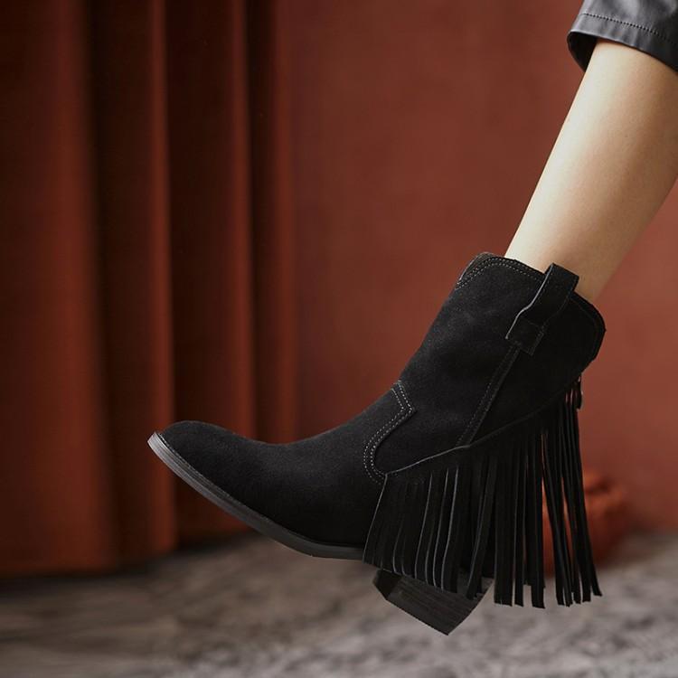 Fashion Ladies Mid Calf Shoes Tassel Brown Women's Half High Boots Wedge Heel Quality On Promotion Footwear Winter 2024 Novelty Gothic