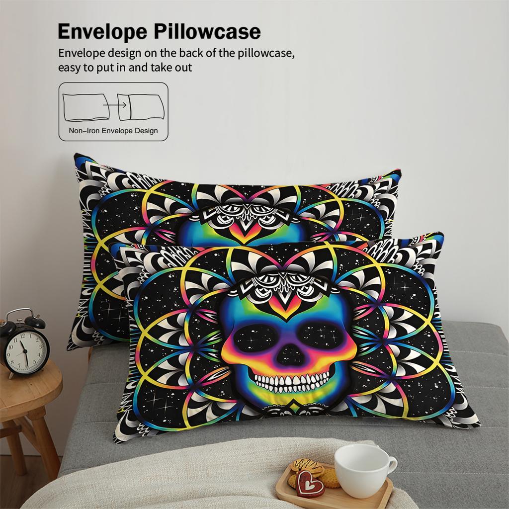 Комплект пододеяльника из трех частей с принтом в виде черепов и цветов (1 пододеяльник+2 наволочки, без наполнителя) Комплект постельного белья на тему Хэллоуина