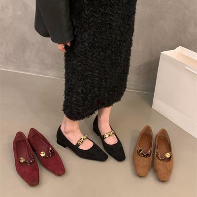 Туфли-лодочки из ретро-замши на толстом каблуке, женские туфли 2025, новая весна-осень, французские красные туфли Мэри Джейн с квадратным носком для вечера