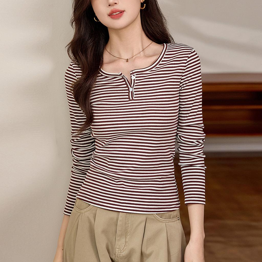 Cotton T-shirt Women Striped Long Sleeve Top Autumn and Winter New High-grade Sense of Foreign Gas Base Shirt