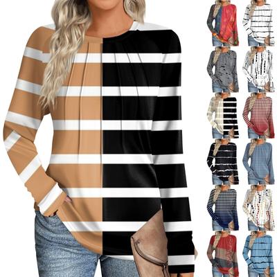 Женская мода повседневная полосатая, цветная пэчворк с длинным рукавом и круглым вырезом