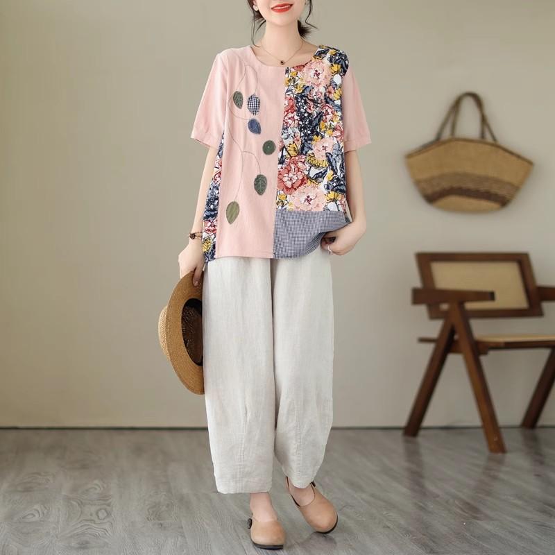 Dimanaf 2024 летние женские футболки больших размеров с цветочным принтом, элегантные лоскутные топы с рукавами, футболки, свободная повседневная льняная рубашка 91688