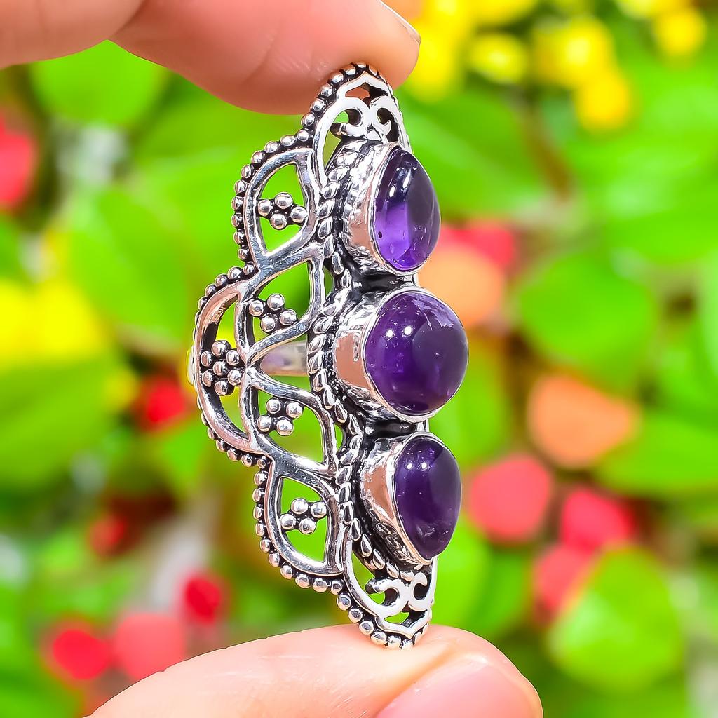 Sage Amethyst Gemstone Handmade 925 Sterling Silver Jewelry Ring Size 8.5 Z2D99