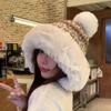 Women Autumn Winter Warm Thicken Ear Protector Hat Cold Plush Velvet Hair Ball Outdoor Knitted Bomber Cap Sweet Cute Lei Feng Hats