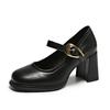 Fashion French Thick High Heels Womens Pumps Genuine Leather Platforms Buckle Strap Shallow Office Career Shoes Retro Mary Jane