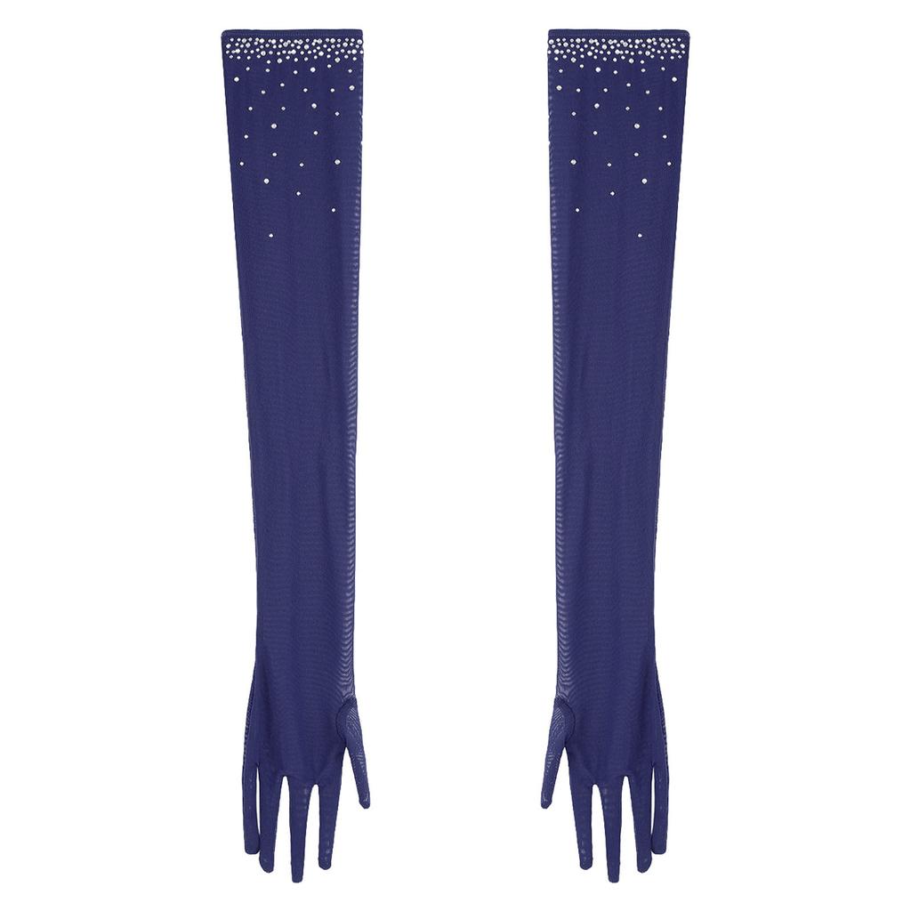 Womens One Pair Mesh Dance Gloves Glittery Rhinestones Five Finger Full Length Gloves Performance Accessory