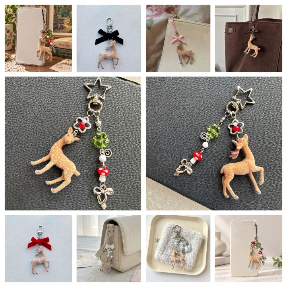 Floral Deer Key Chain Miniature Animal Bag Charm Fawn Backpack Decor Flocked Pendant Wallet