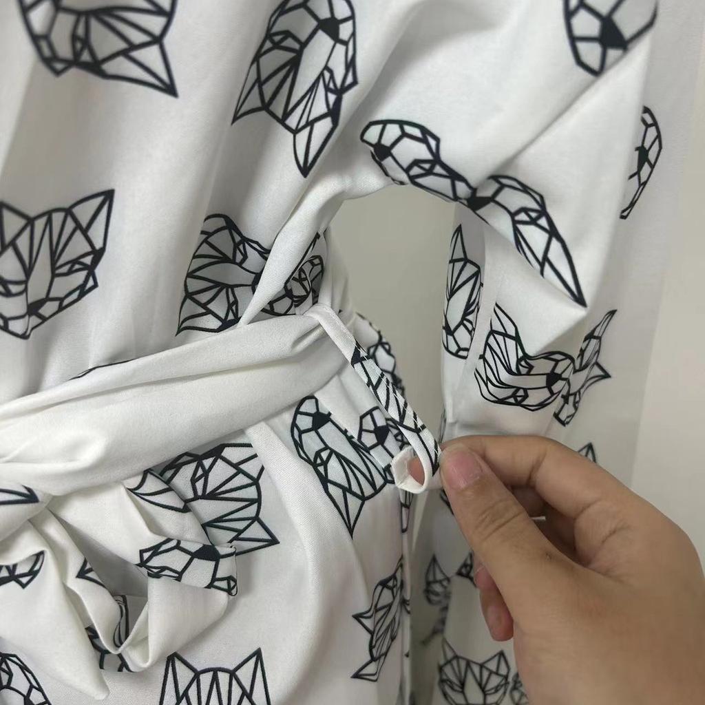 BITCED Loose Long Sleeve Women's Print Casual Commuter Lace-up Pajamas High-waisted Shorts Set