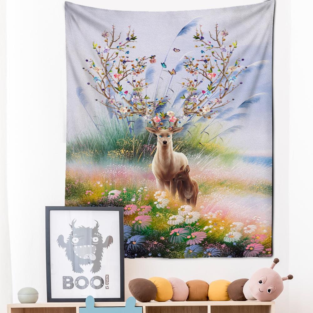 Красочный мультяшный гобелен с изображением лося и леса, настенный психоделический колдовство, хиппи, природный пейзаж, домашний декор, фоновая ткань