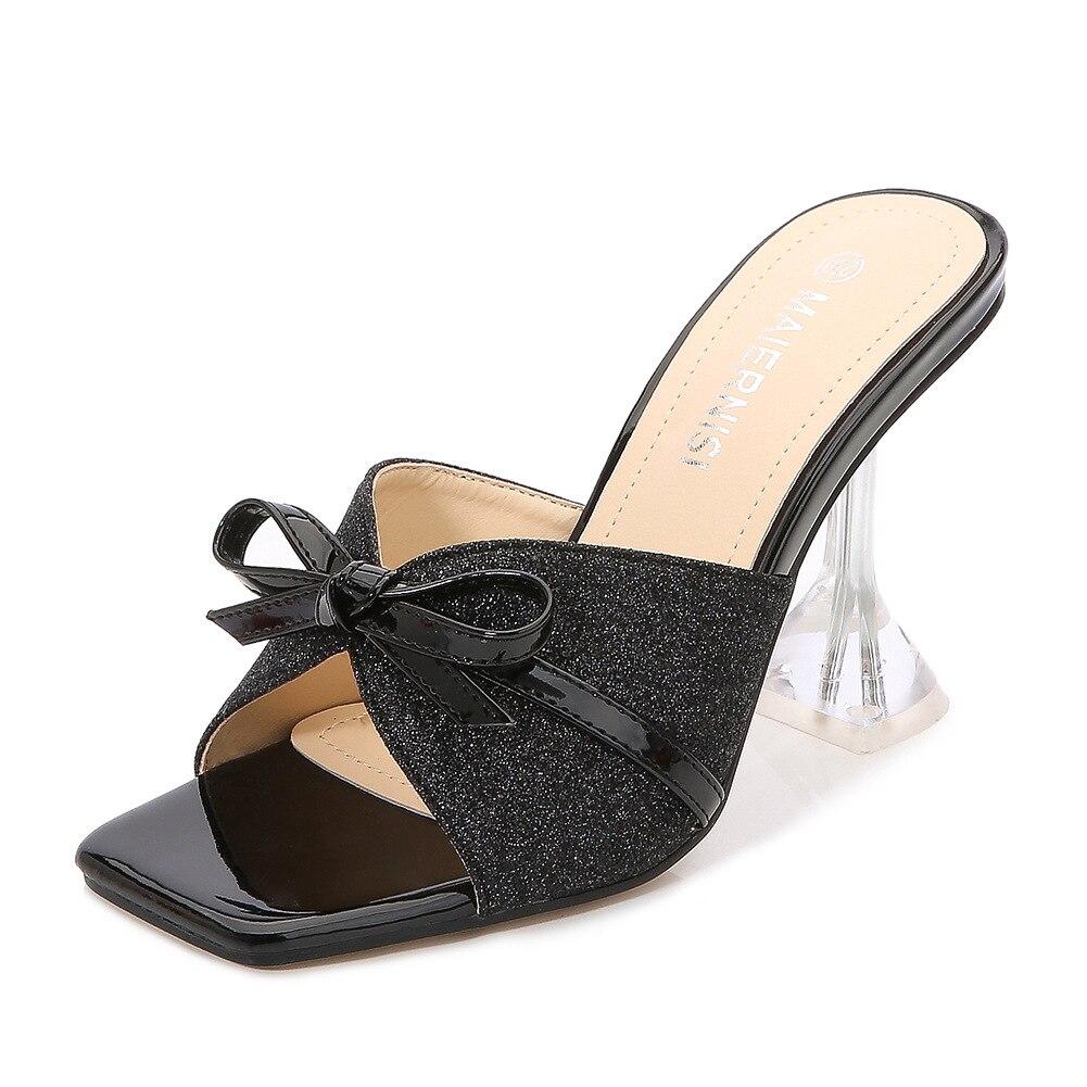 Красные сандалии на шпильке с неглубоким носком, модные модные тапочки большого размера на высоком каблуке, модные босоножки с открытым носком и бантом WZ