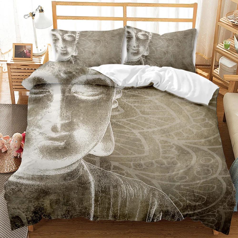 Buddha Statue Duvet Cover Set King/Queen Size,Exotic Golden Buddha Lotus Flowers Comforter Cover Adults Polyester Bedding Set