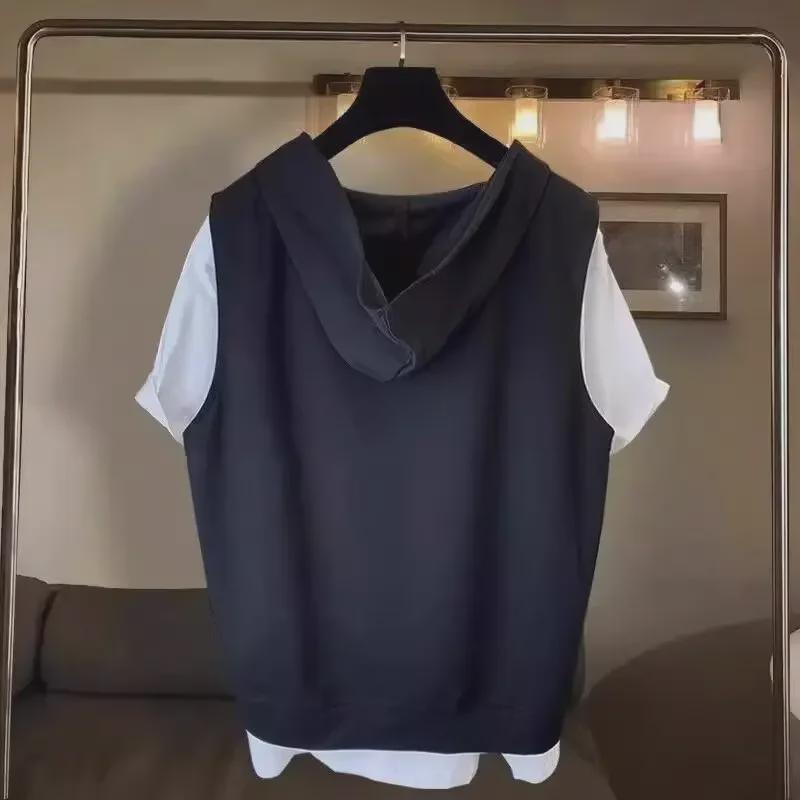 Мужская летняя футболка в корейском стиле с капюшоном из двух частей - с короткими рукавами, свободная, повседневная