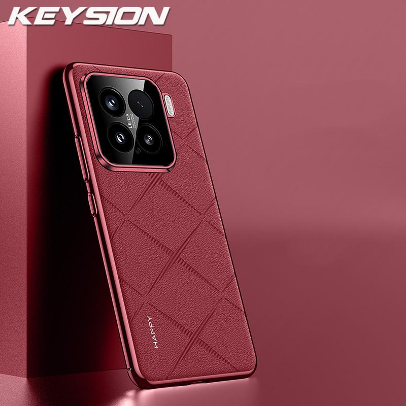 KEYSION Grid Pattern PU Leather Case for Xiaomi 15 5G Plating PC Camera Lens Protection Phone Back Cover for Xiaomi 15 Pro 5G