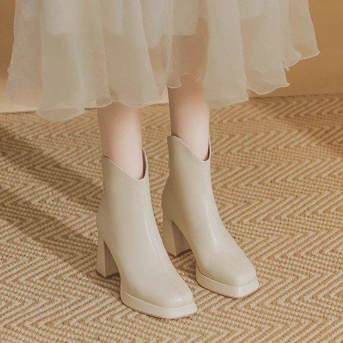 Женские белые водонепроницаемые французские ботинки на платформе - квадратный носок, толстый массивный каблук, осень/зима 2025