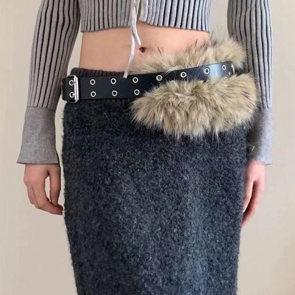 ПУ Кожа Кожа Мех Ремень Искусственный Мех Y2K Пояс Винтажный Плюшевый Ремень Повседневный
