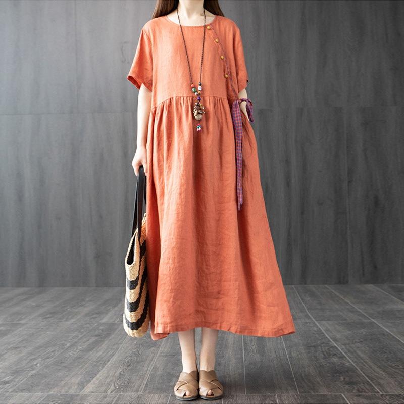 Summer Literature Plus Loose Fit Solid Color Cotton Linen Round Neck Short Sleeved Mid To Long Length Dress for Women Casual Dresses
