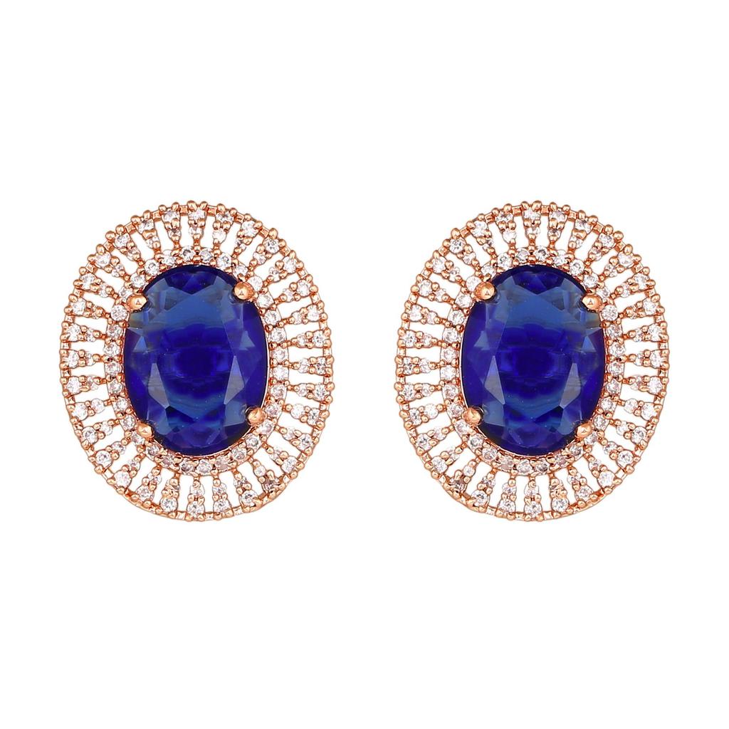 Estele Rose Gold Plated Round Stud Earrings with CZ and Blue Stones for Women