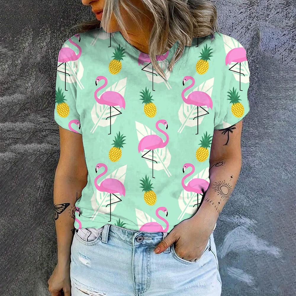 Высококачественная простая удобная футболка с круглым вырезом, летняя повседневная дышащая женская футболка, новая модная футболка с принтом фламинго