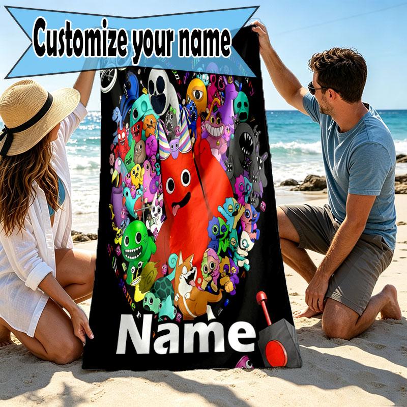 Custom Name Personalized Game Rainbow Friends Print Beach Towel, for Trip Camping Beach Party Home Decor, Birthday Gift for Family & Friends