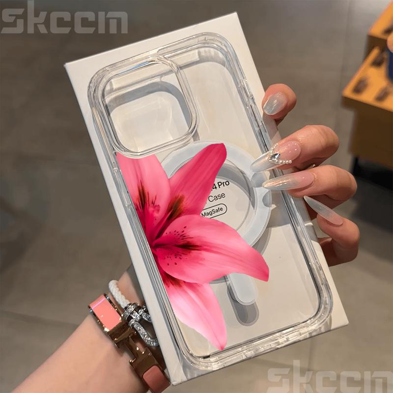 Realistic Lily Flower Print Clear Phone Case For iPhone 16E 16 15 14 13 12 11 Pro Max Plus XS XR Magnetic Wireless Charge Cover