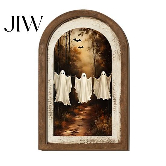 Solid Wood Halloween Decoration Ghost Arched Wall Decor, Cute Table Sign, Rustic Farmhouse Small Decorative Ornament Shelf Art for Mantel Living