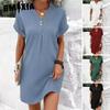 Summer Women Dress V Neck Button Short Sleeve Loose Solid Pullover Casual Daily Wear Mini Dress