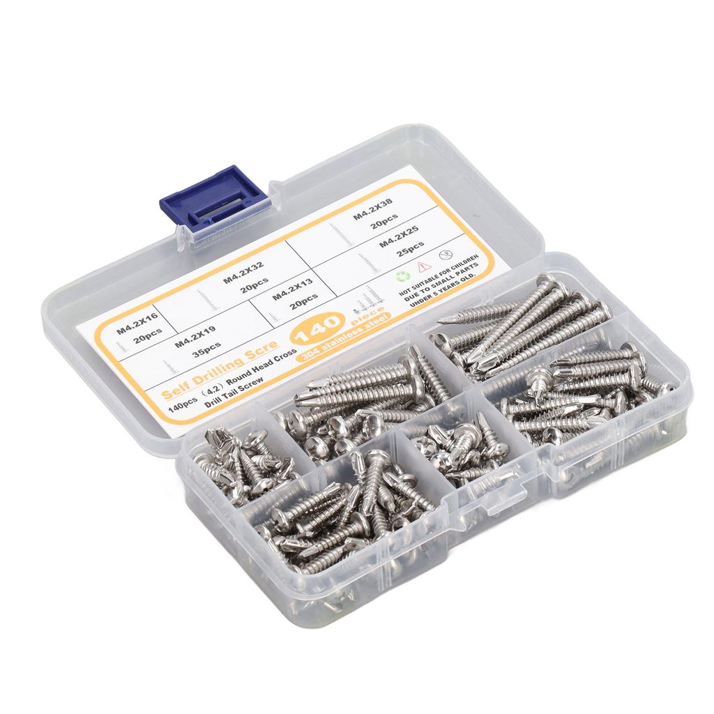 140PCS M4.2 Round Head Cross Screw Assortment Deep Thread 410 Stainless Steel Self Drilling Screws