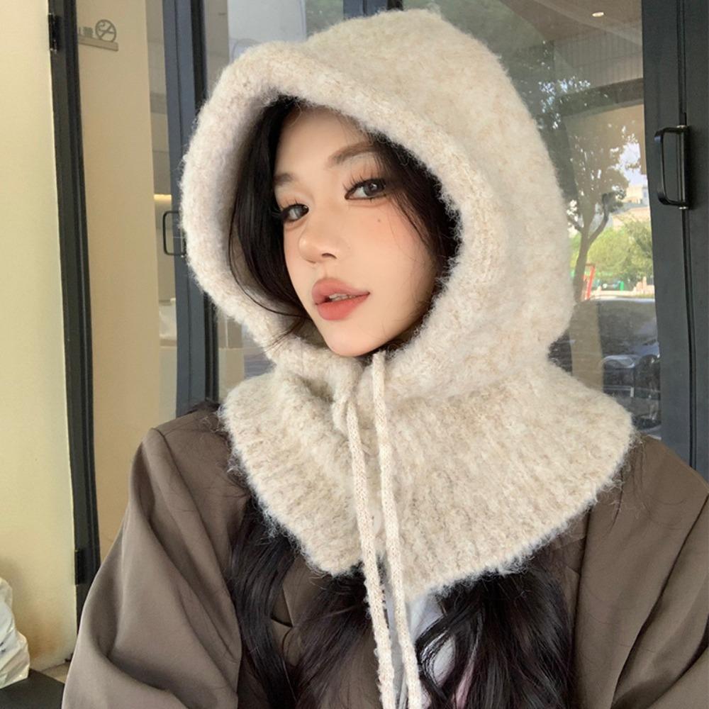 Solid Color Knitted Pullover Hat Plush Windproof Cap Korean Women Winter Balaclava  Outdoor